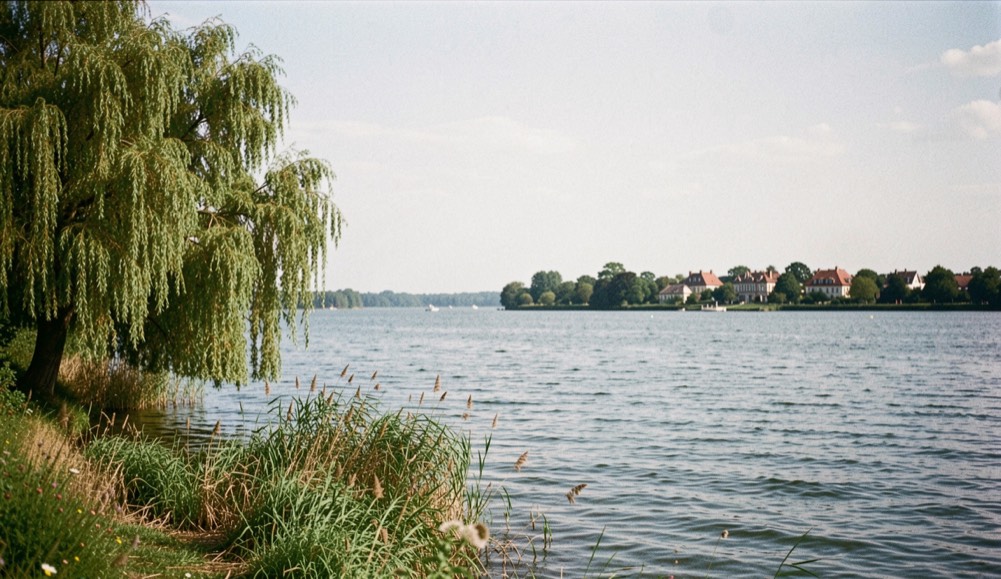 Lake shoreline with willows and distant estate rooftops under a wide open sky