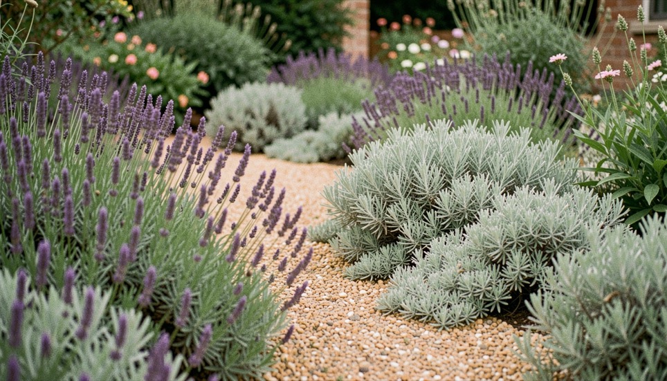 Front garden of lavender, sage and silver foliage spilling over a decomposed granite path