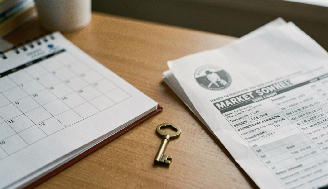 Calendar pages and a small brass key resting on a desk beside a folded market report