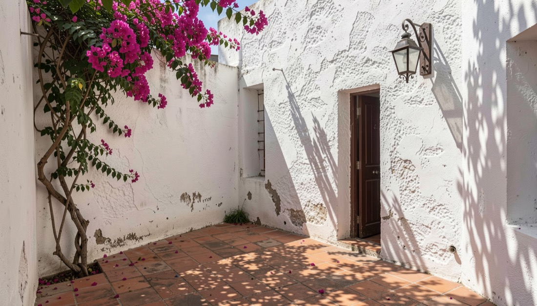 Shaded courtyard with a worn terracotta tile floor, rough white plaster walls, a wrought iron lantern and bougainvillea