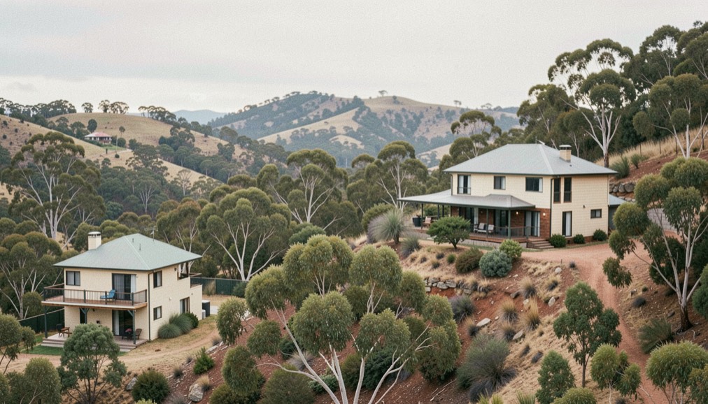 Two neighboring hillside homes of very different sizes seen across a eucalyptus filled valley