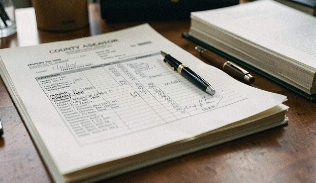 County assessor ledger and property tax bill stacked on a desk with a fountain pen