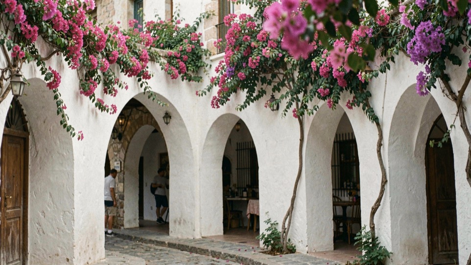 Village arcade of rounded arches with climbing bougainvillea over white plaster walls
