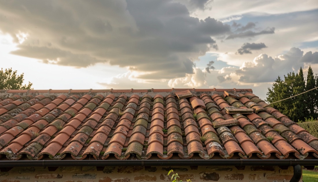 Terracotta barrel tile roof with a few tiles shifted near the ridge under clearing storm clouds at golden hour