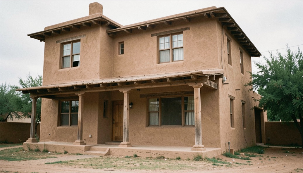 A south-facing exterior wall of a stucco house in Rancho Santa Fe at mid-morning, one window open, a buried ventilation pipe stub visible in the soil beside the foundation, shot straight on in flat daylight.