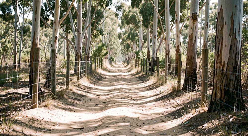 Dappled light on a sandy riding trail between eucalyptus trunks and rustic wire fencing