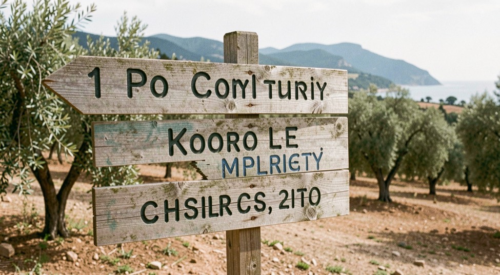 Painted wood signpost for a rural community set against olive groves and coastal hills