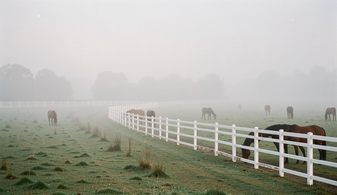 Morning fog lifting off pastures with horses grazing near white rail fencing