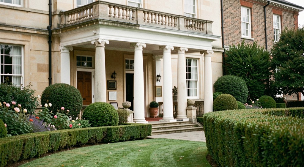 Classical columned porch of a landmark estate hotel framed by trimmed gardens and hedges