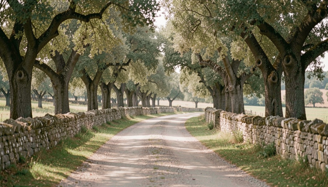 Winding country road disappearing between oak groves and low dry stone walls