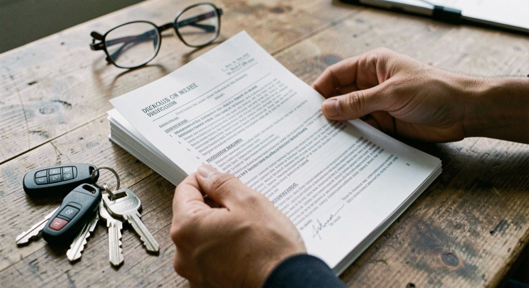 Hands reviewing a thick printed disclosure packet beside keys and reading glasses on a wood table