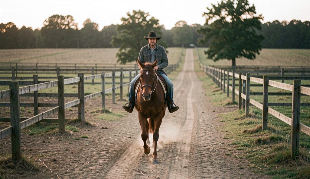 Rider on horseback following a sandy bridle trail between fenced pastures at dawn