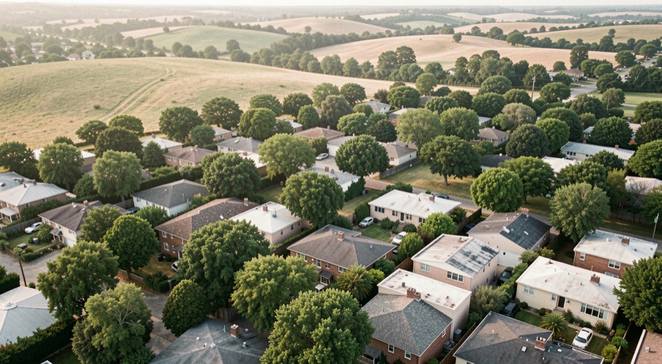 Aerial view of low rooftops and green canopies spread across rolling North County terrain