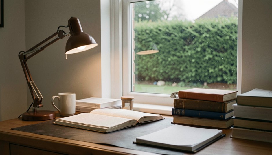 Editorial desk with reading lamp, manuscript pages and a window onto garden hedges