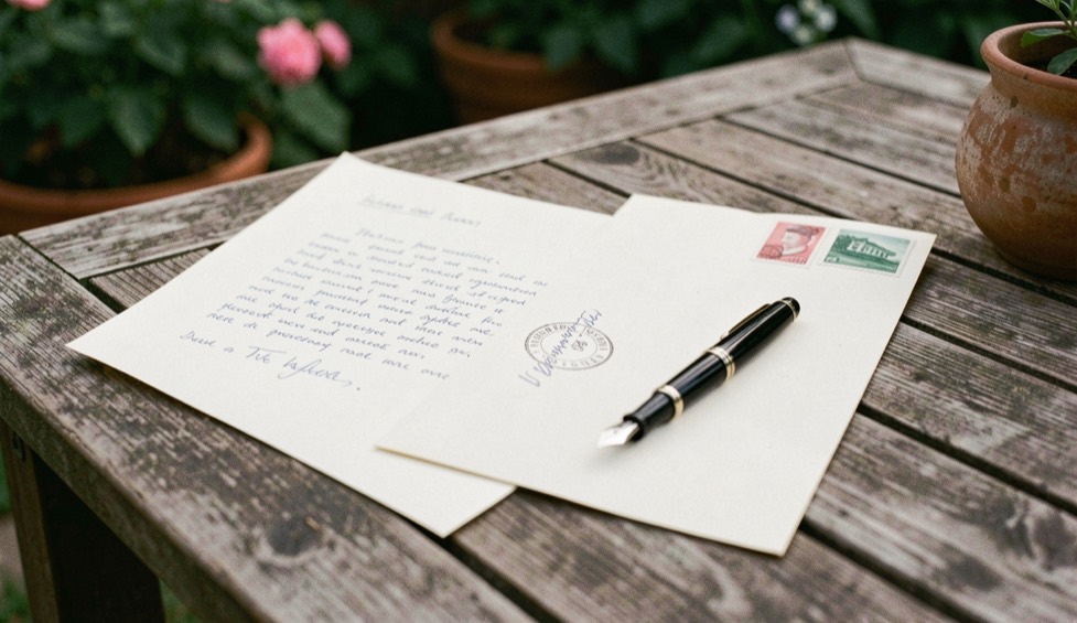 Written letter, fountain pen and stamped envelope resting on a wooden garden table